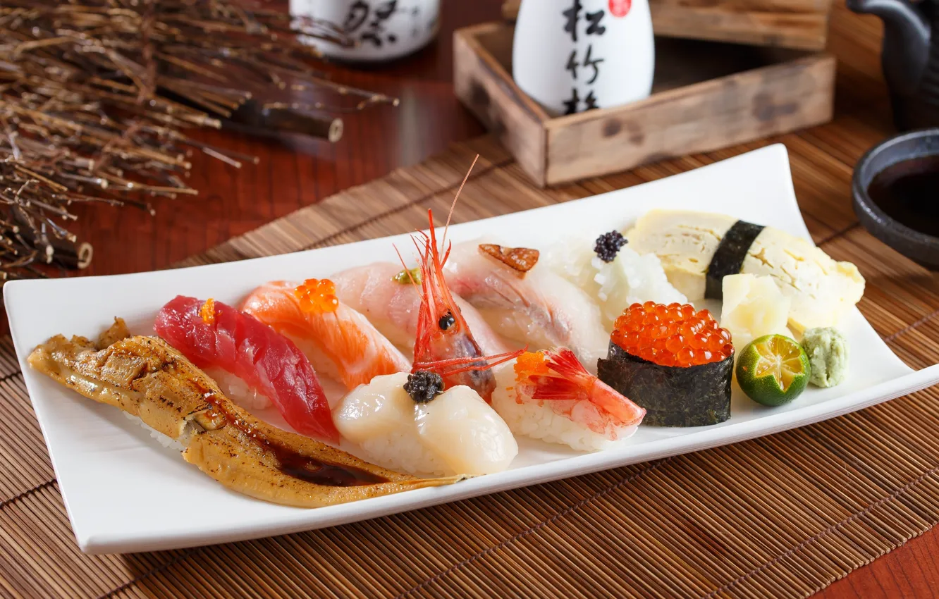 Photo wallpaper fish, lime, figure, caviar, sushi, shrimp, seafood