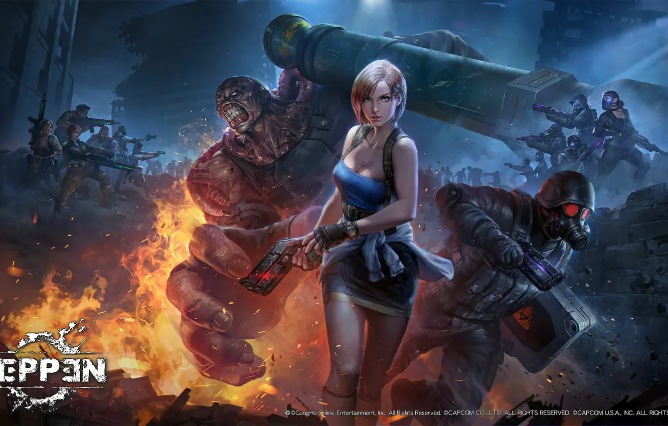 Photo wallpaper fire, flame, horror, gun, pistol, resident evil, weapon, survivor