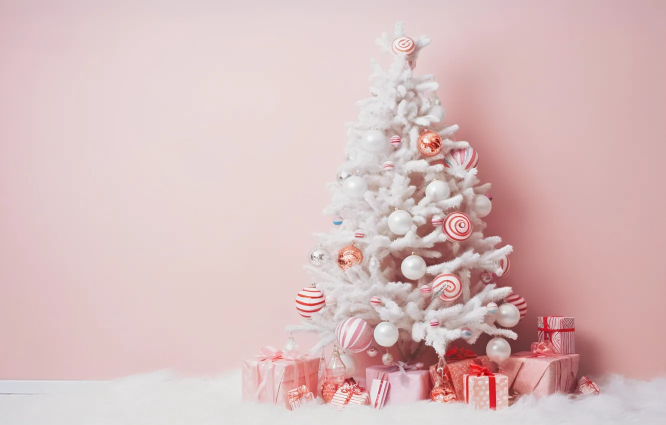 Photo wallpaper decoration, gift, balls, tree, new year, Christmas, Christmas, pink