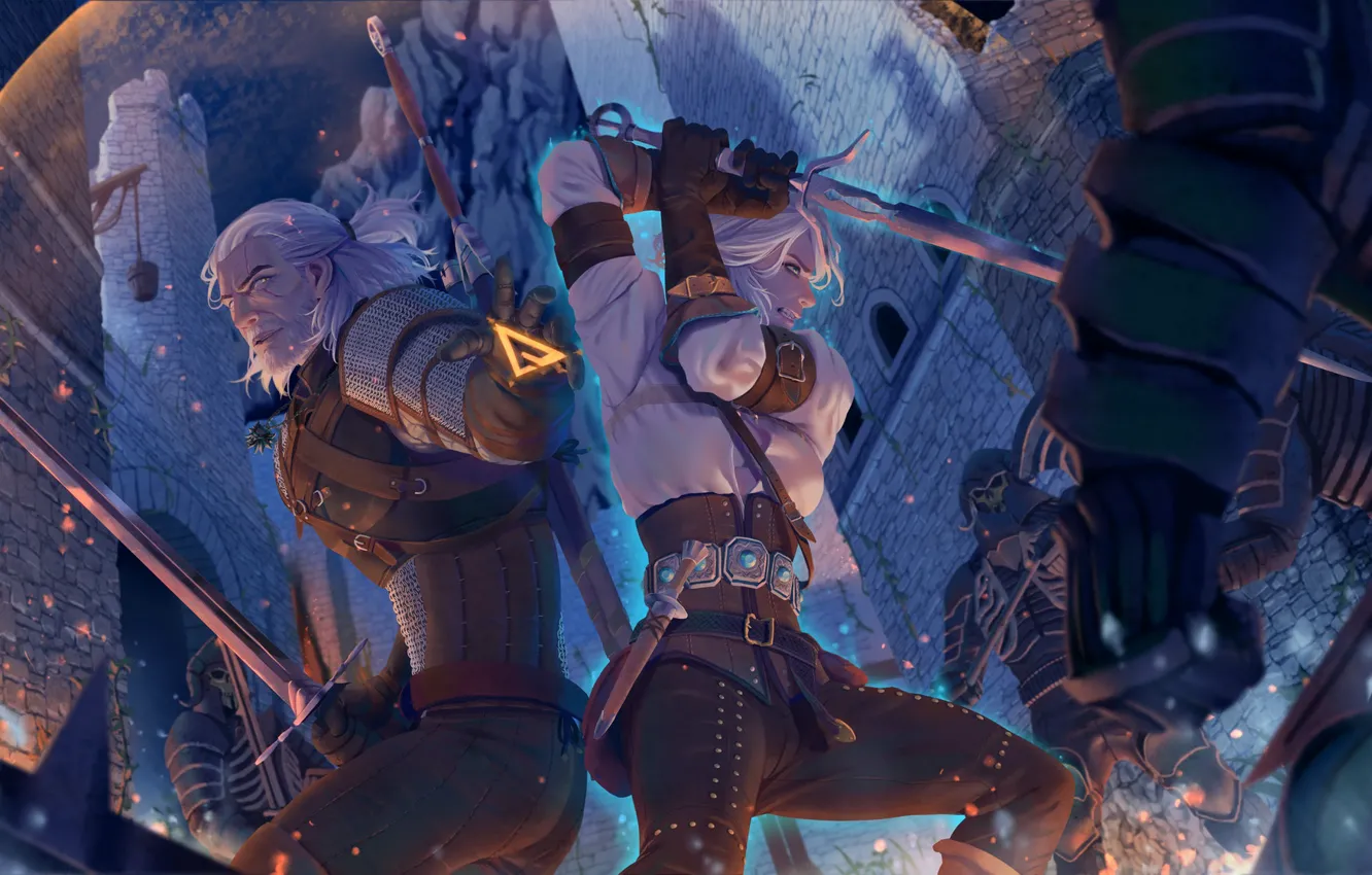 Photo wallpaper art, The Wild Hunt, The Witcher, art, illustration, Geralt, swords, Witcher