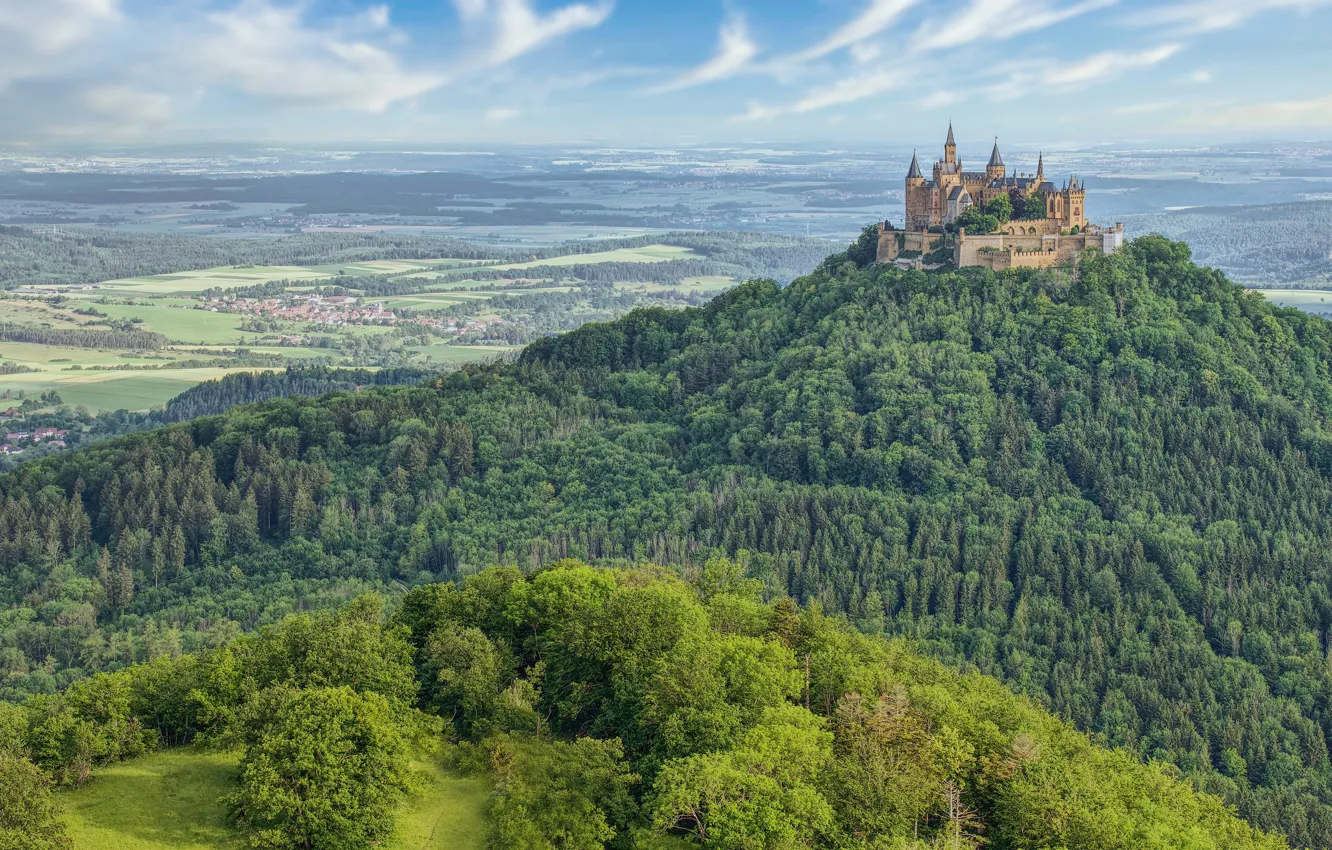 Photo wallpaper forest, mountains, castle, hills, view, Hohenzollern