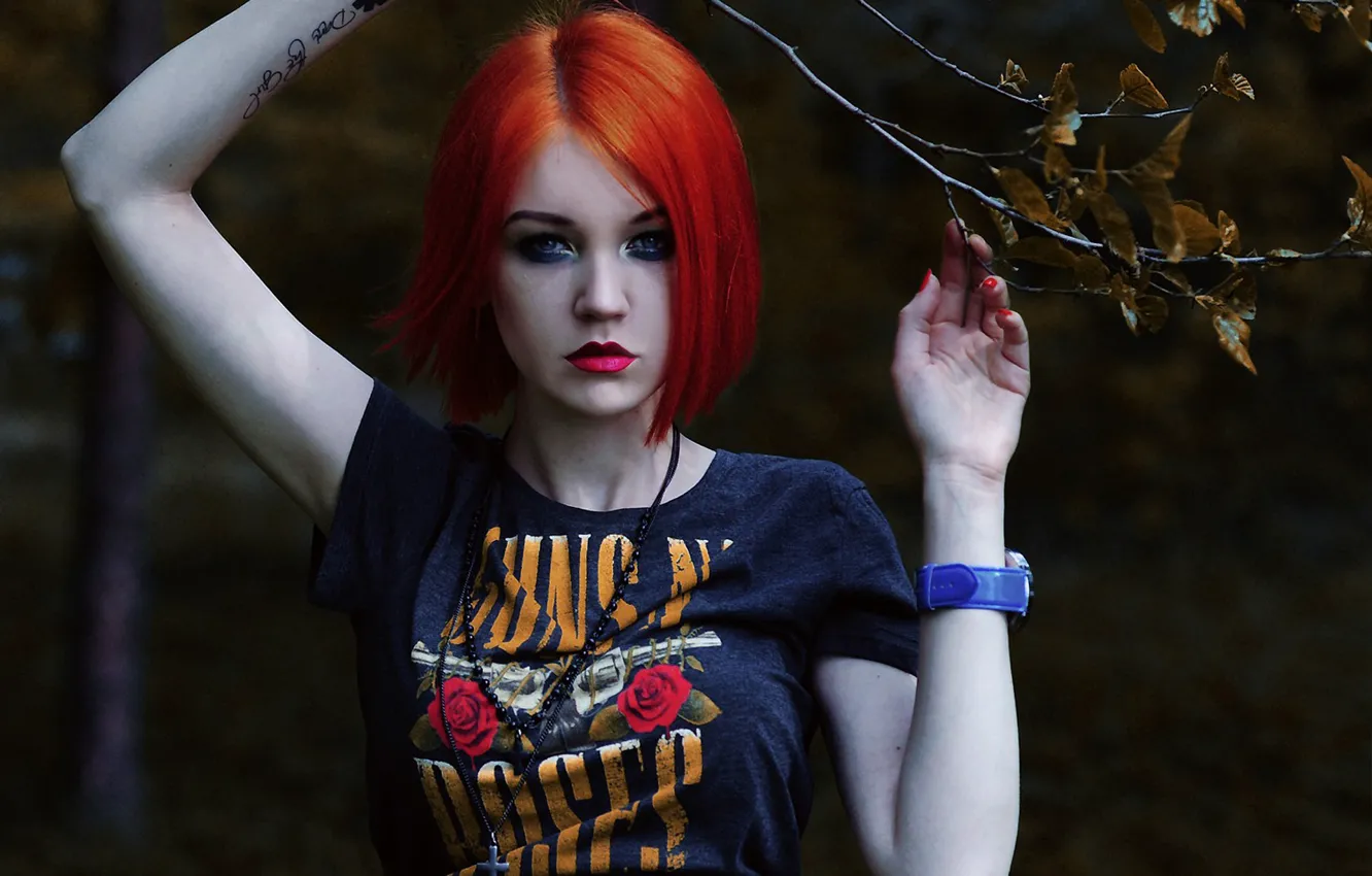 Photo wallpaper autumn, look, leaves, girl, branches, model, makeup, tattoo