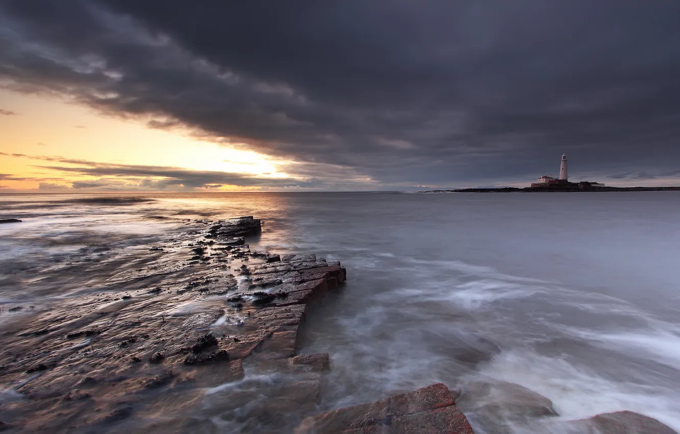 Photo wallpaper sea, landscape, sunset, lighthouse