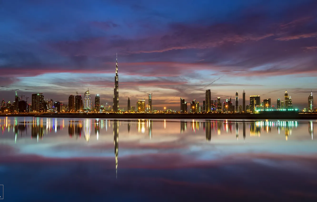 Photo wallpaper the sky, water, reflection, the city, lights, home, the evening, horizon
