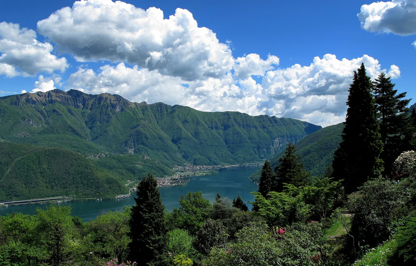 Photo wallpaper mountains, Park, Switzerland, Switzerland, Lake Lugano, Ticino, Ticino, lake Lugano