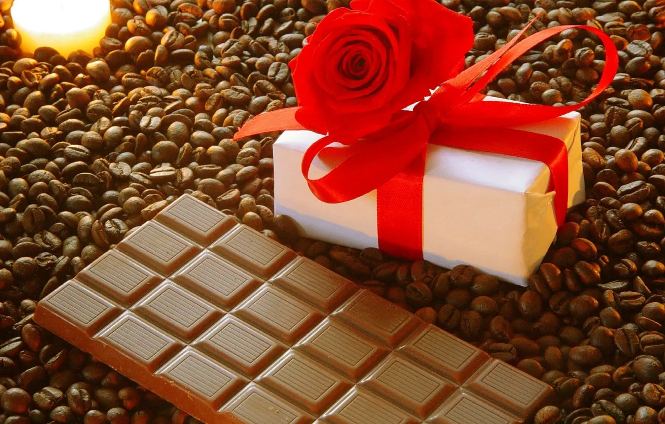 Photo wallpaper coffee, chocolate, roses, candles, box