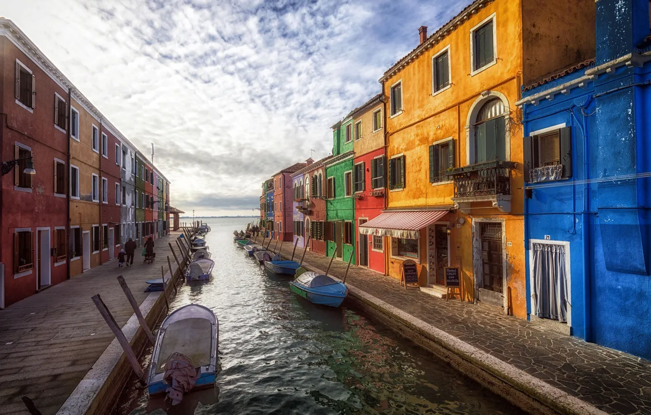 Photo wallpaper clouds, paint, home, boats, morning, Venice, channel, Burano island