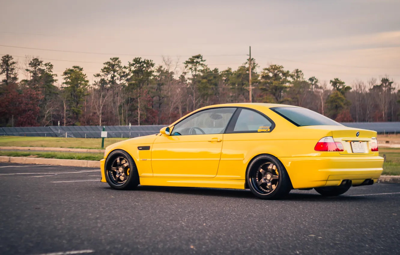 Photo wallpaper BMW, Black, Yellow, E46, Parking, Wheels, M3