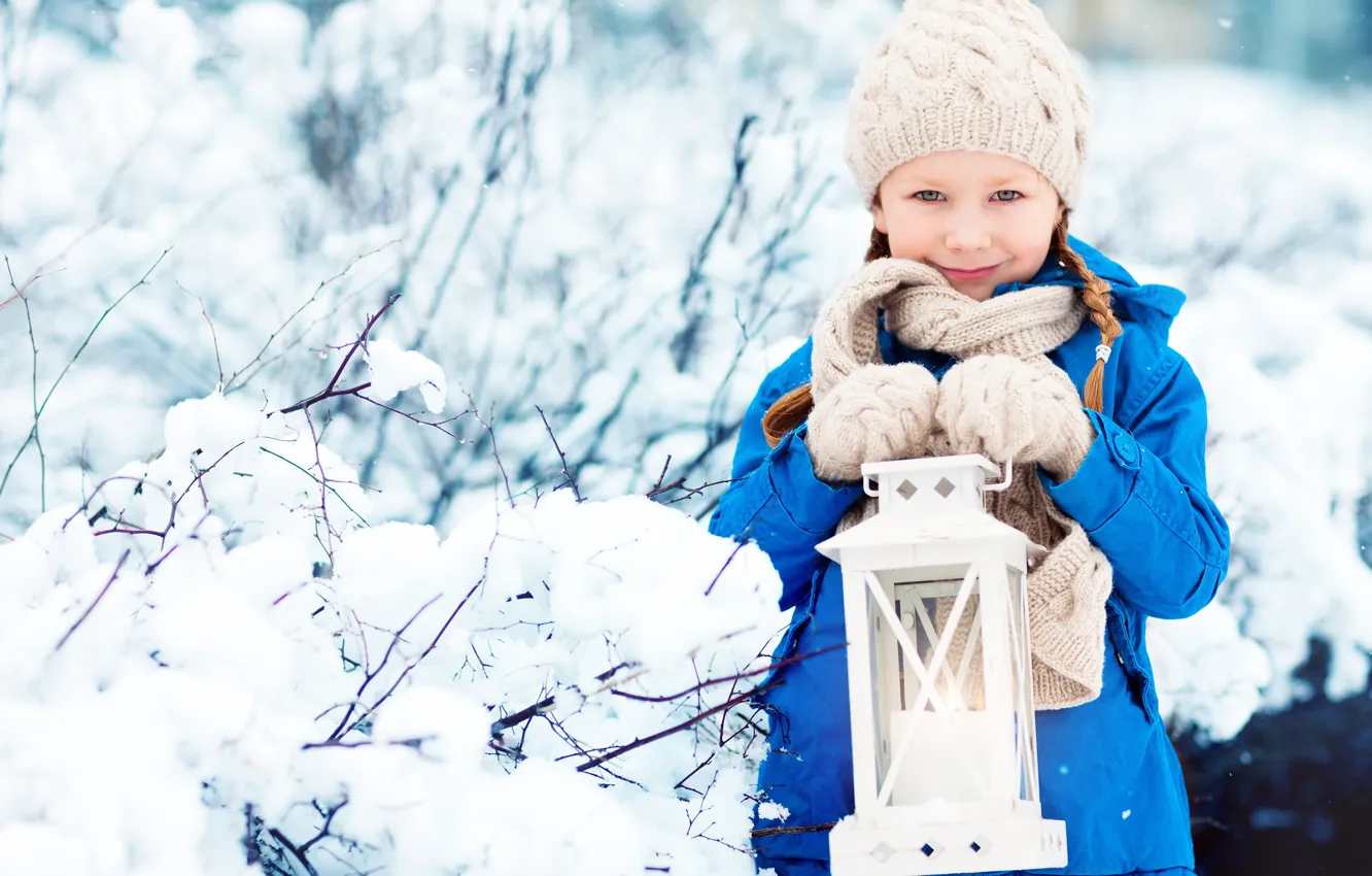 Photo wallpaper winter, hat, child, jacket, girl, lantern, winter, snow