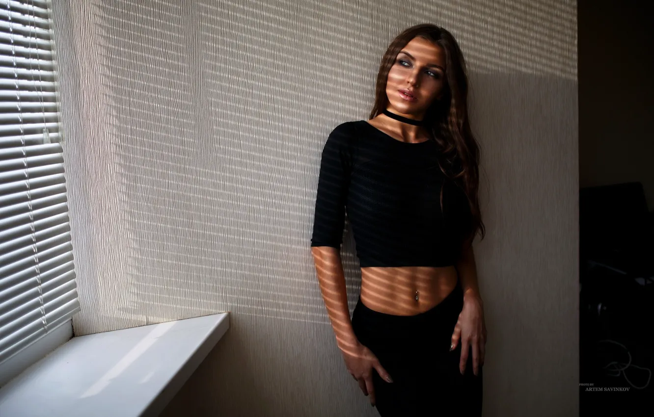 Photo wallpaper girl, makeup, figure, window, hairstyle, sill, brown hair, is