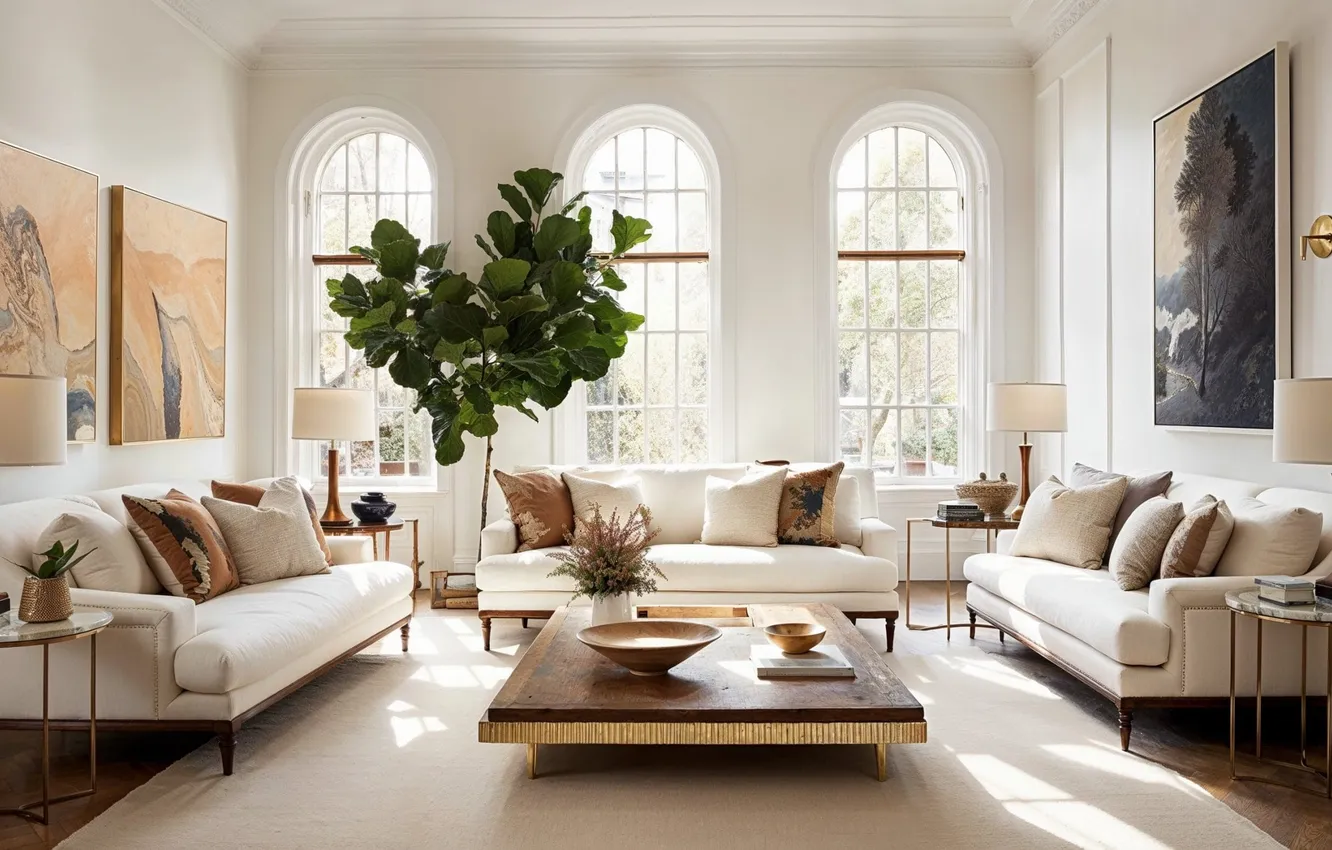 Photo wallpaper design, style, room, interior, living room, upholstered furniture, bright colors