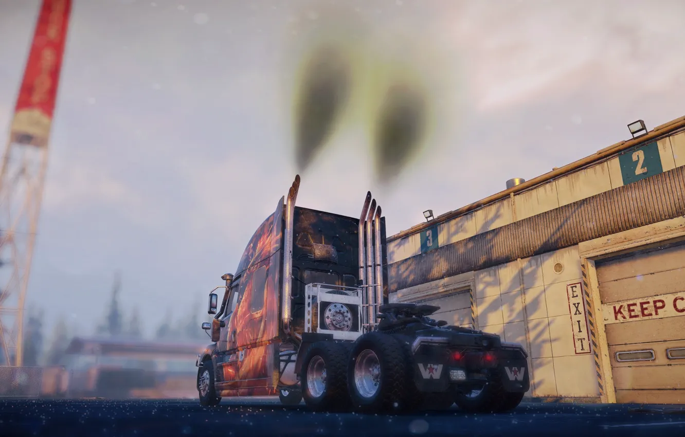 Photo wallpaper HDR, game, smoke, winter, truck, snowflake, cold, Garage