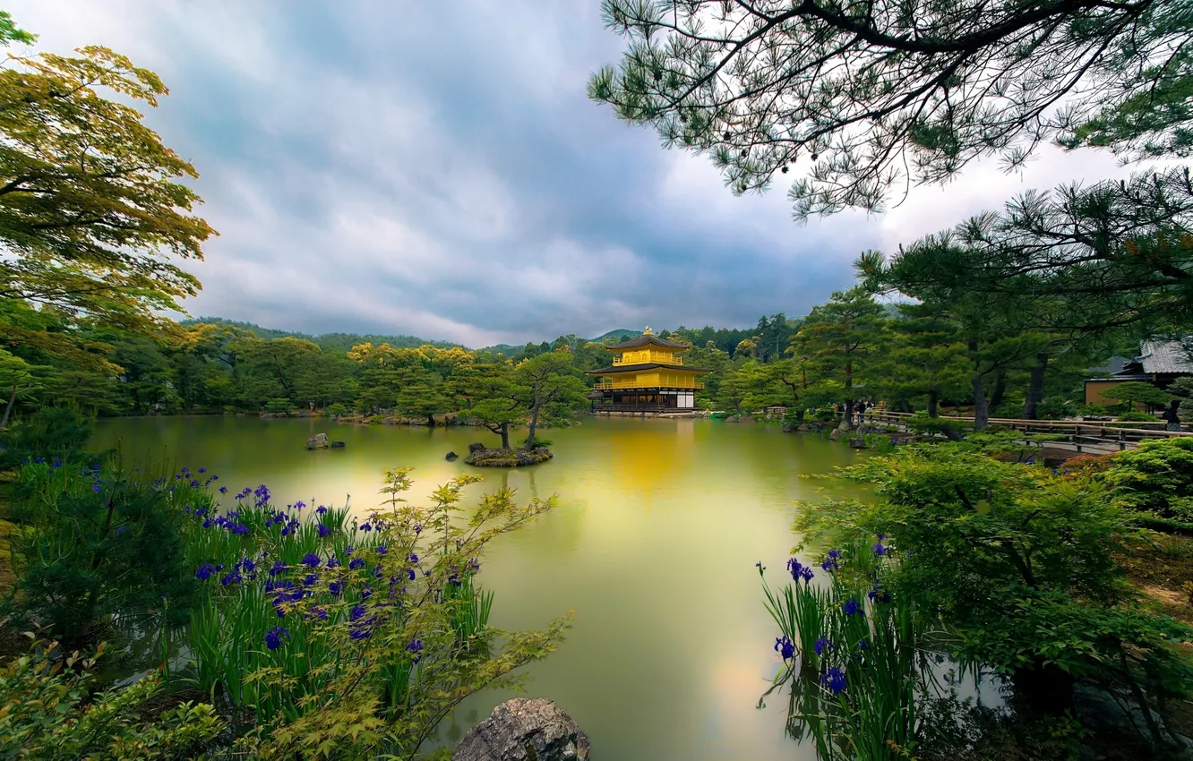 Photo wallpaper trees, flowers, lake, Park, Japan, temple, Japan, Kyoto