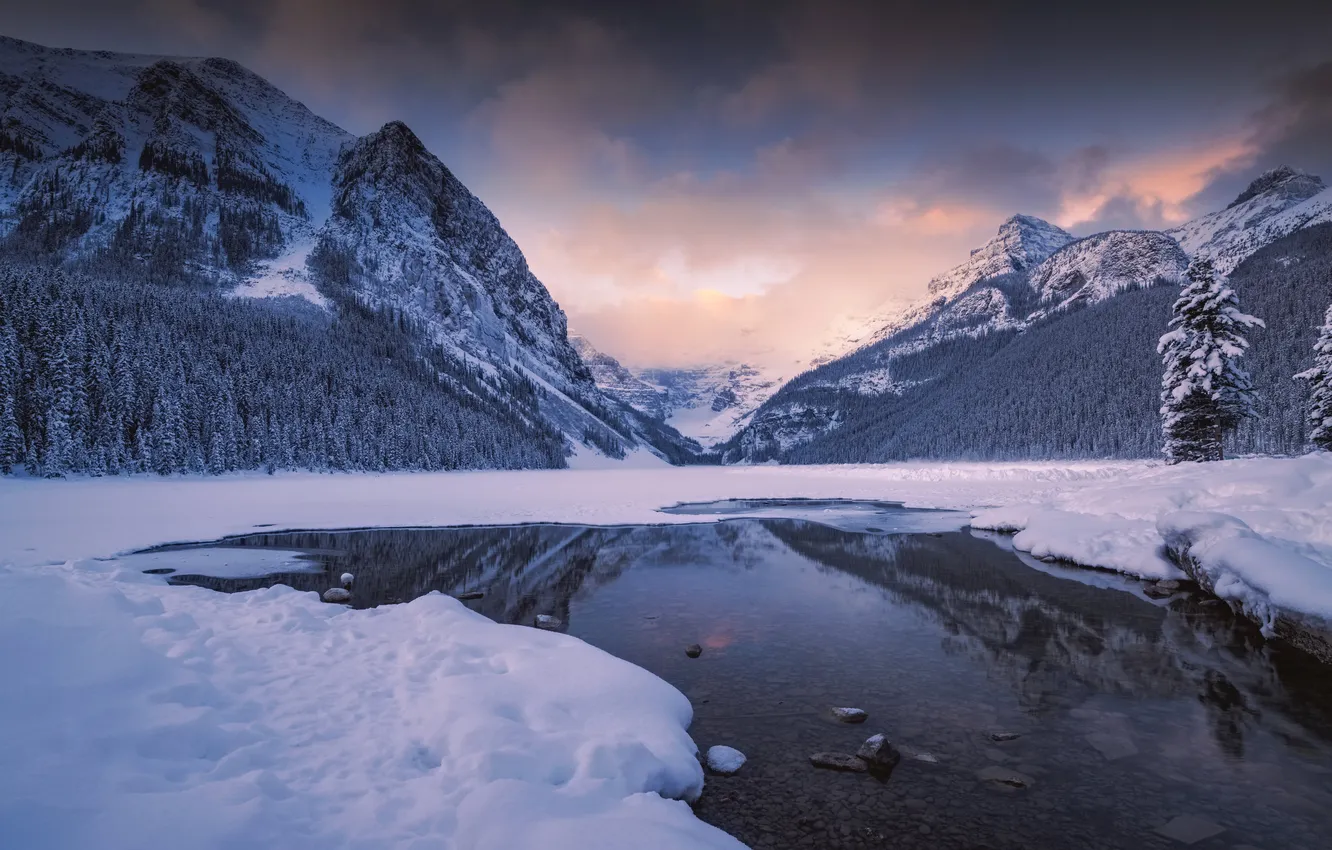 Photo wallpaper winter, frost, forest, the sky, clouds, snow, mountains, lake