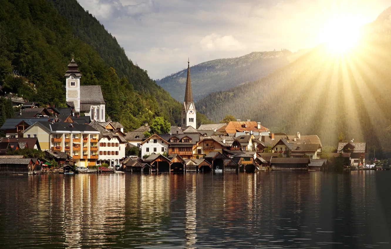 Photo wallpaper the sun, rays, mountains, lake, home, Austria, Alps, forest