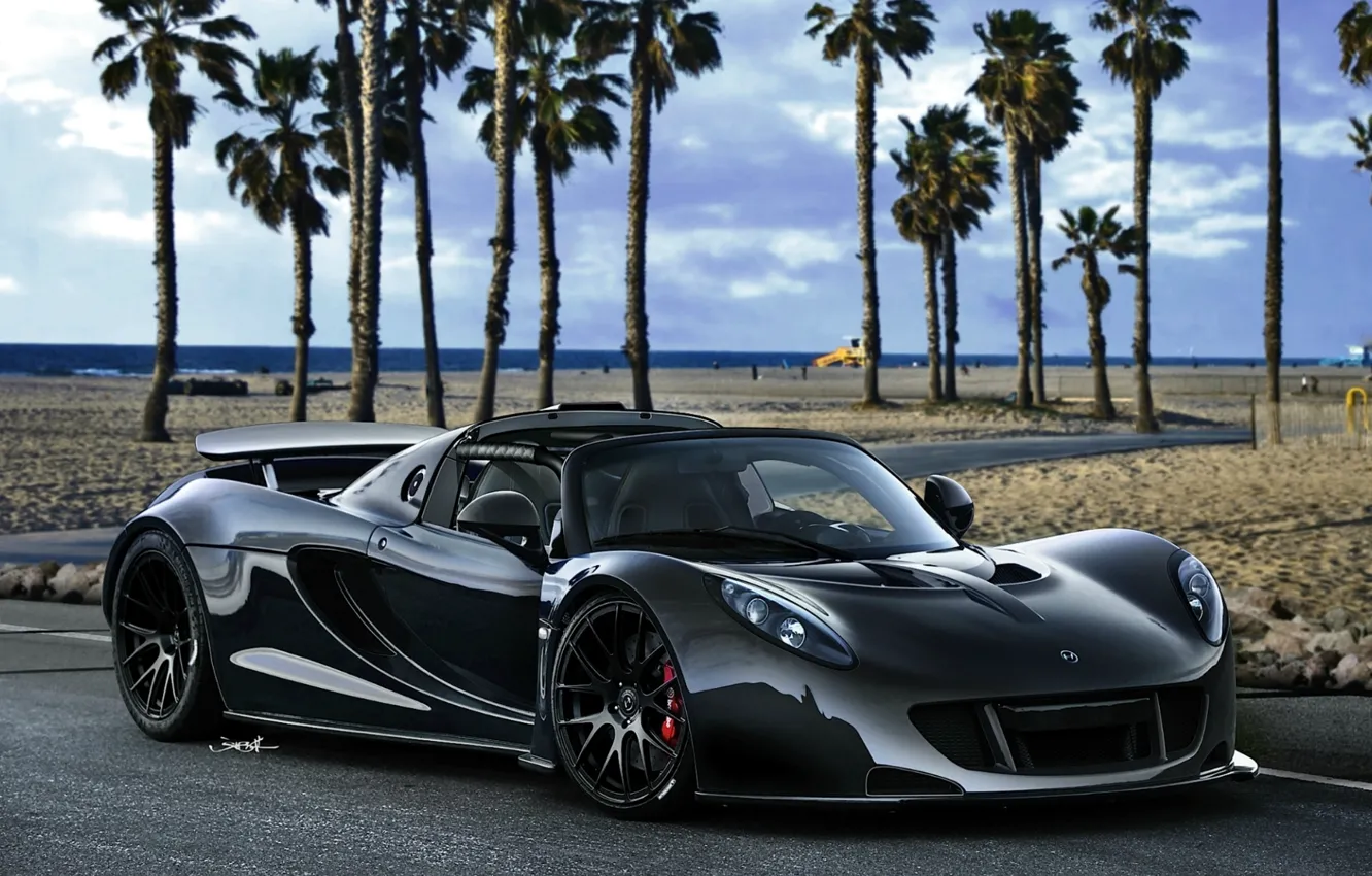 Photo wallpaper beach, the sky, palm trees, black, supercar, Spyder, the front, Hennessey