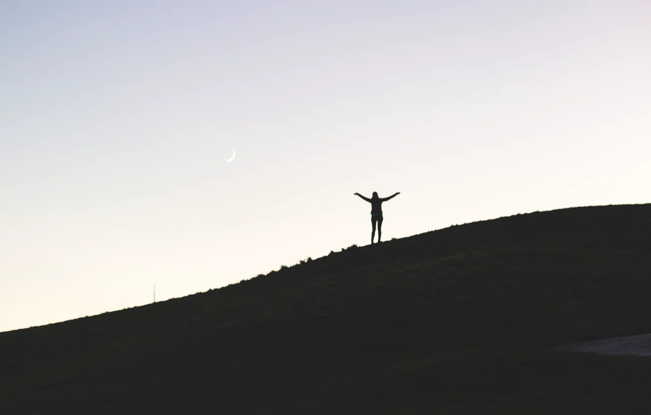 Photo wallpaper girl, moon, hill, silhouette