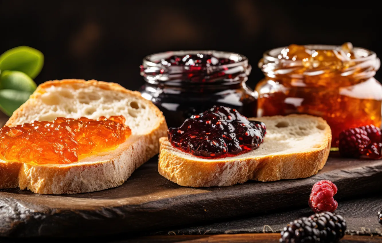 Photo wallpaper berries, raspberry, the dark background, Board, bread, Bank, BlackBerry, jam