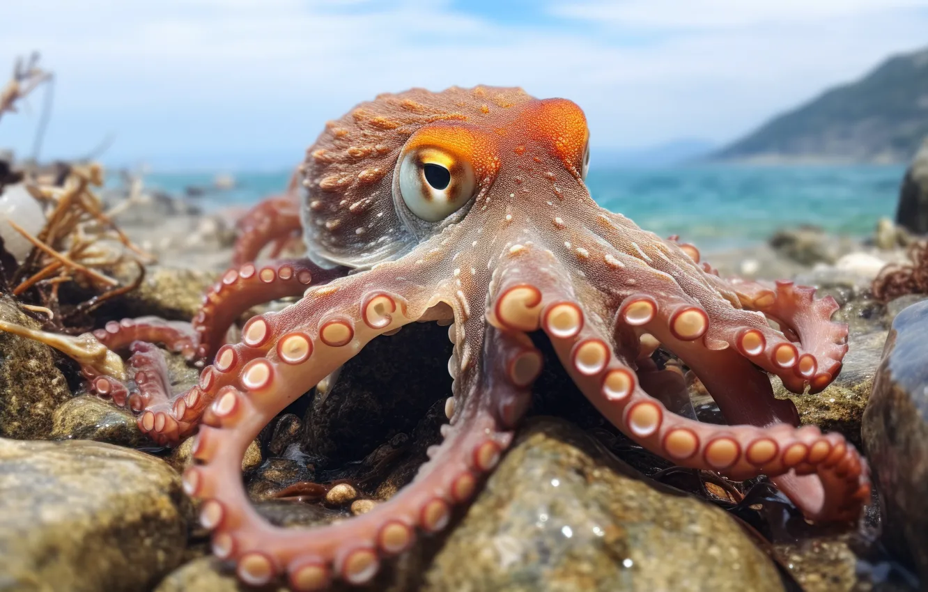 Photo wallpaper sea, look, stones, shore, octopus, tentacles, AI art, neural network