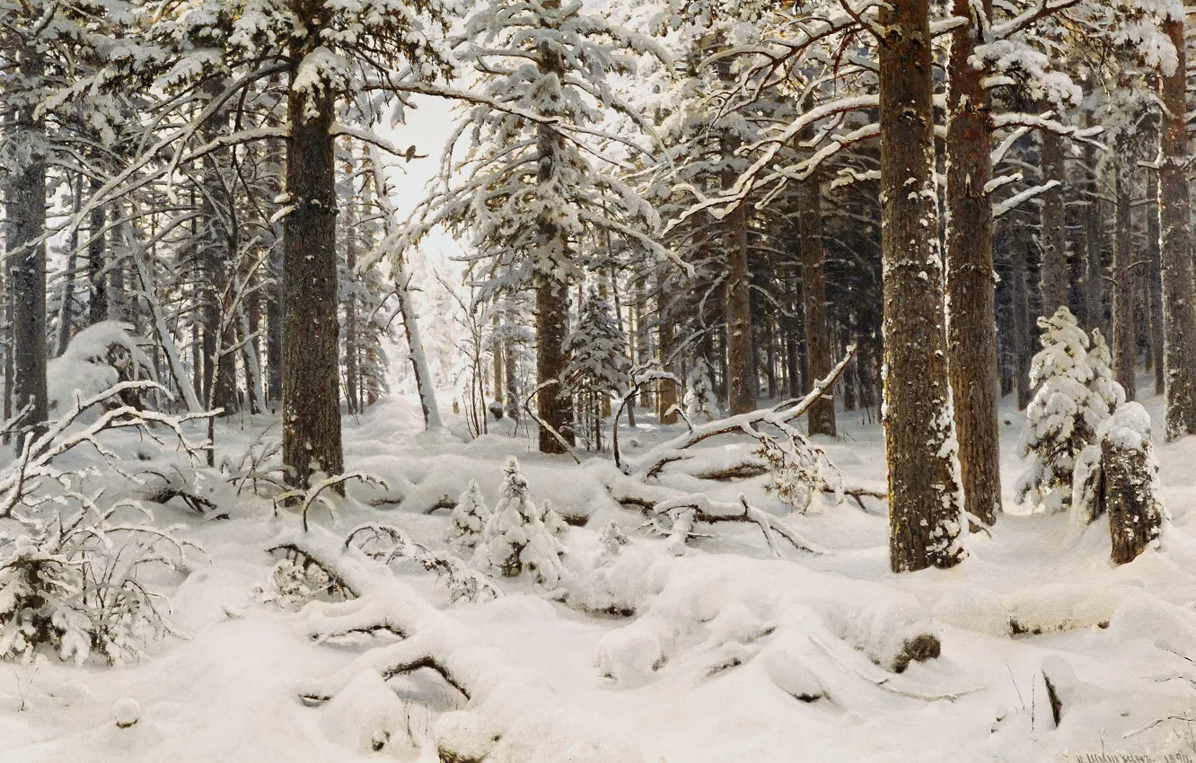 Photo wallpaper winter, forest, snow, trees, nature, figure, Ivan Shishkin