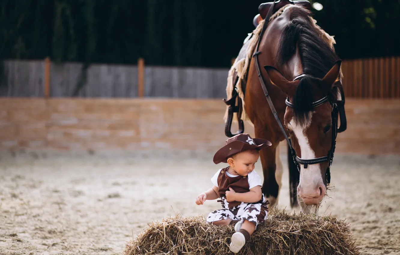Photo wallpaper children, horse, horse, the fence, hat, boy, baby, hay