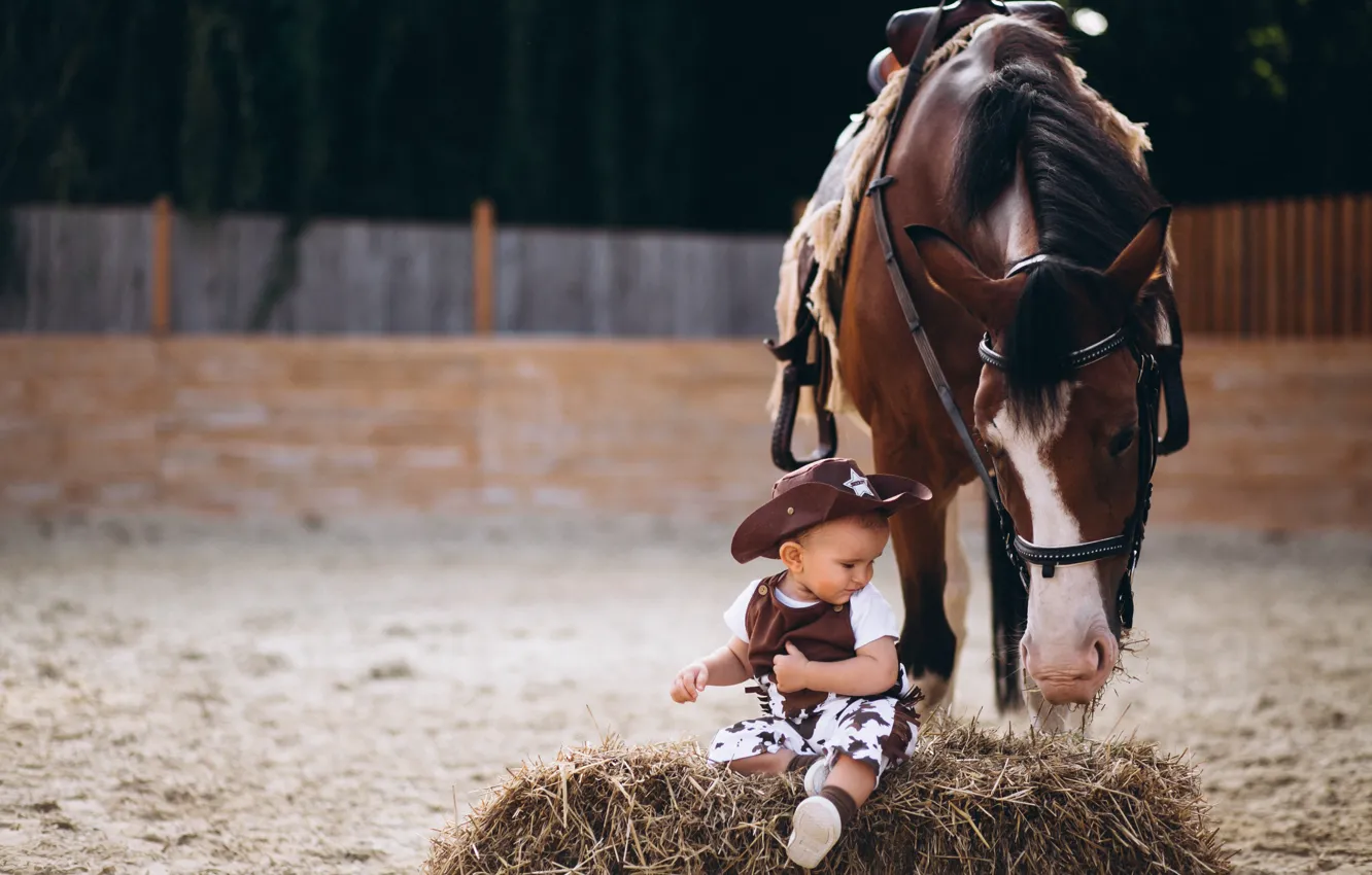 Photo wallpaper horse, horse, the fence, child, hat, boy, baby, hay