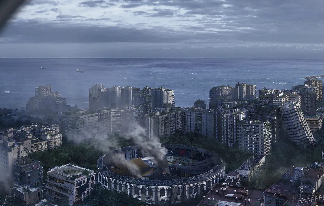 Photo wallpaper sea, the city, smoke, destruction, Malaga Survival League