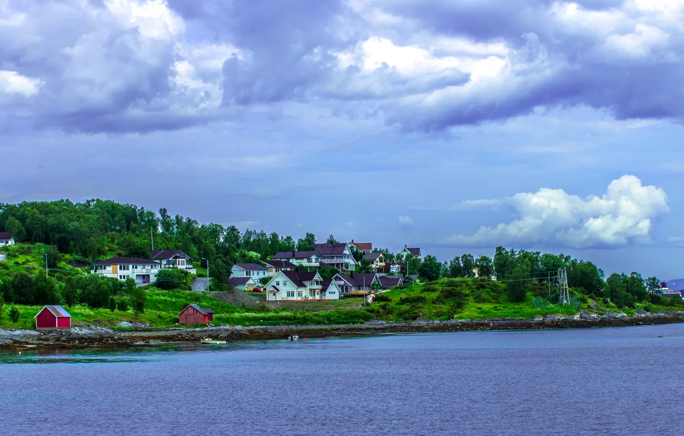 Photo wallpaper sea, the sky, clouds, trees, clouds, hills, home, Norway