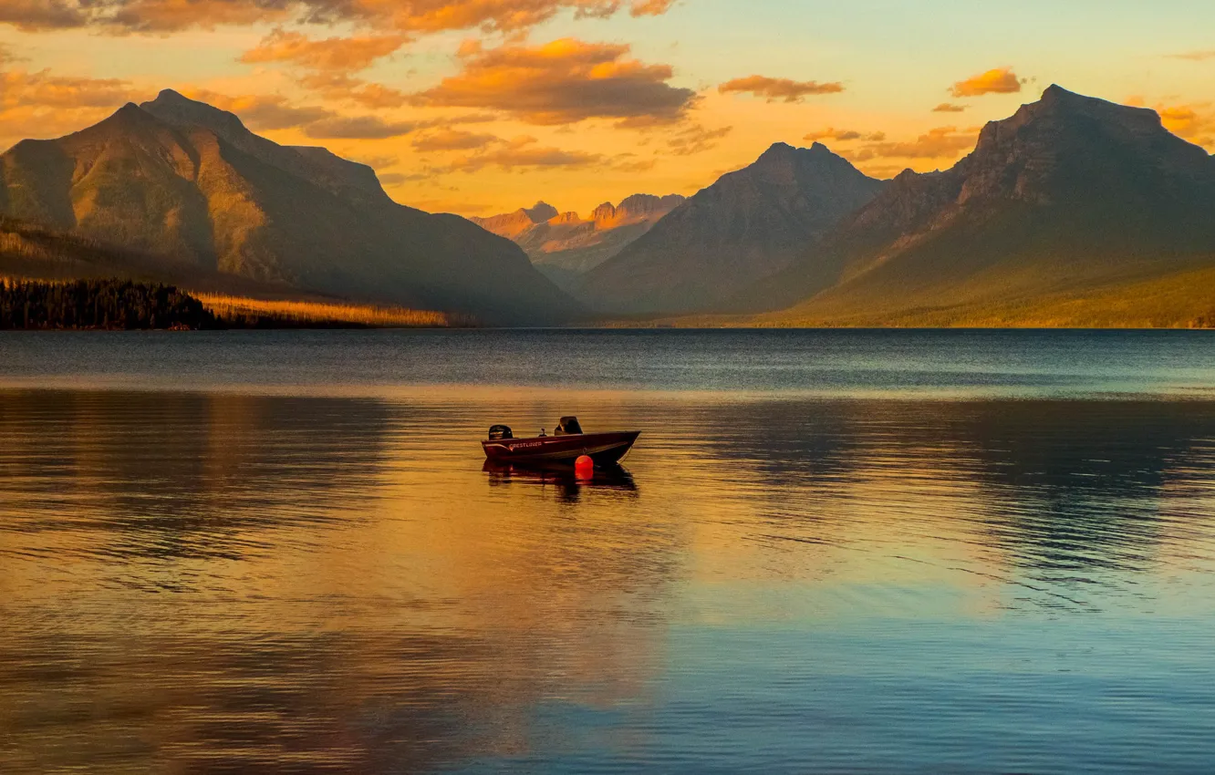 Photo wallpaper mountains, lake, boat