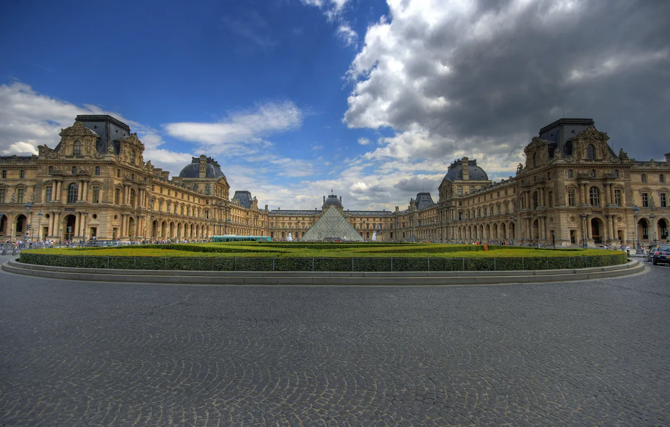 Photo wallpaper the sky, clouds, Paris, pyramid, Paris, Museum, the Louvre, Palace