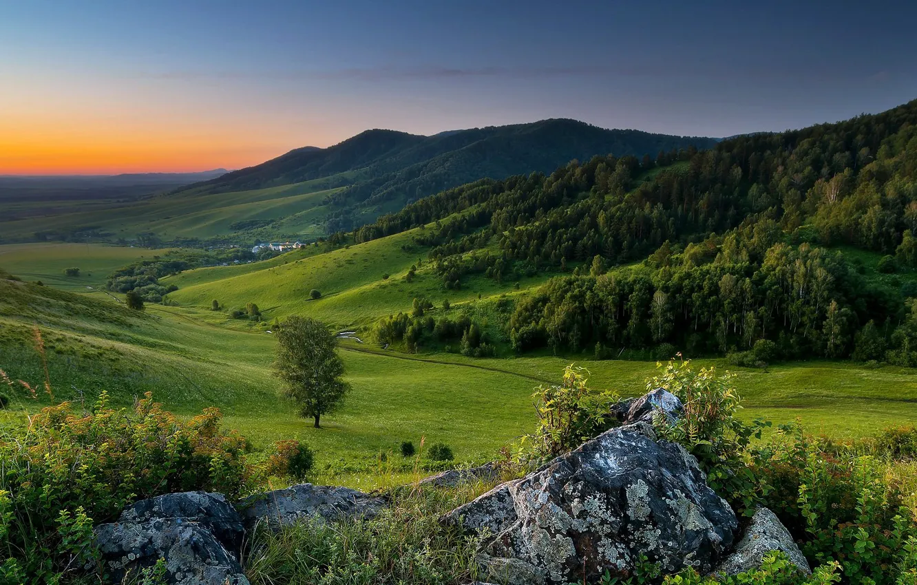 Photo wallpaper sunset, mountains, nature, valley, Altay