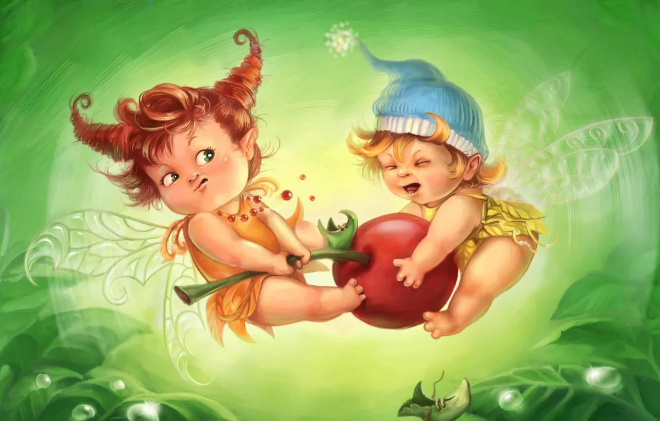 Photo wallpaper cherry, elf, figure, fight, baby