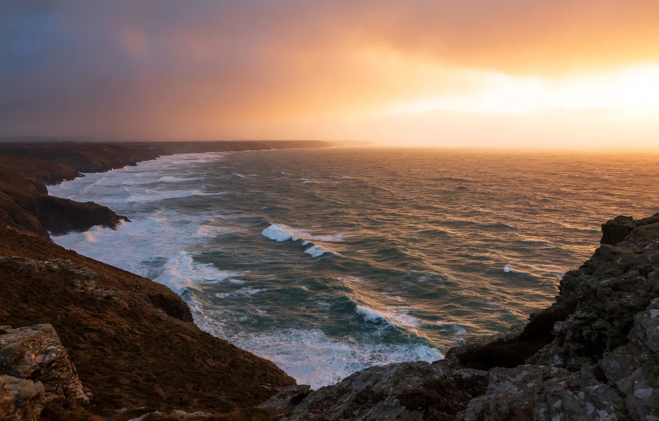 Photo wallpaper sea, sunset, shore, England, Saint Agnes