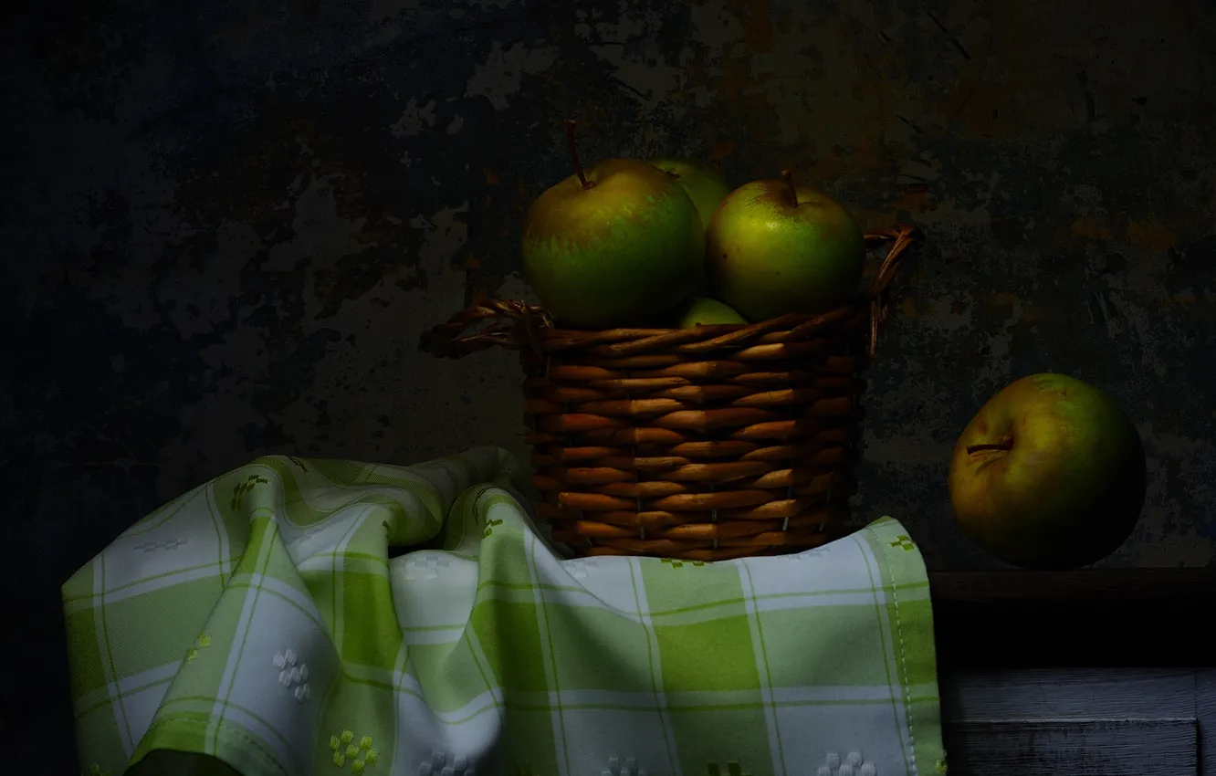 Photo wallpaper the dark background, table, apples, towel, still life, basket