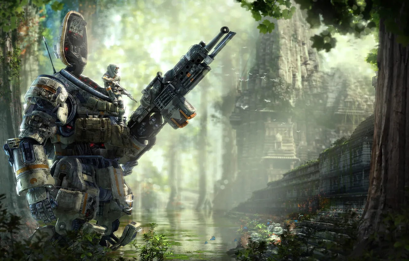 Photo wallpaper forest, weapons, robot, Titanfall