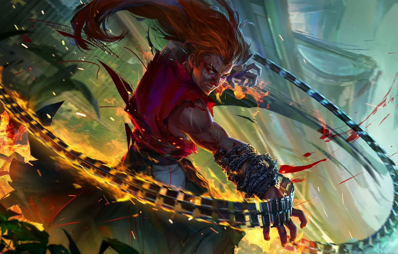 Photo wallpaper blood, blade, warrior, chain, red, whip