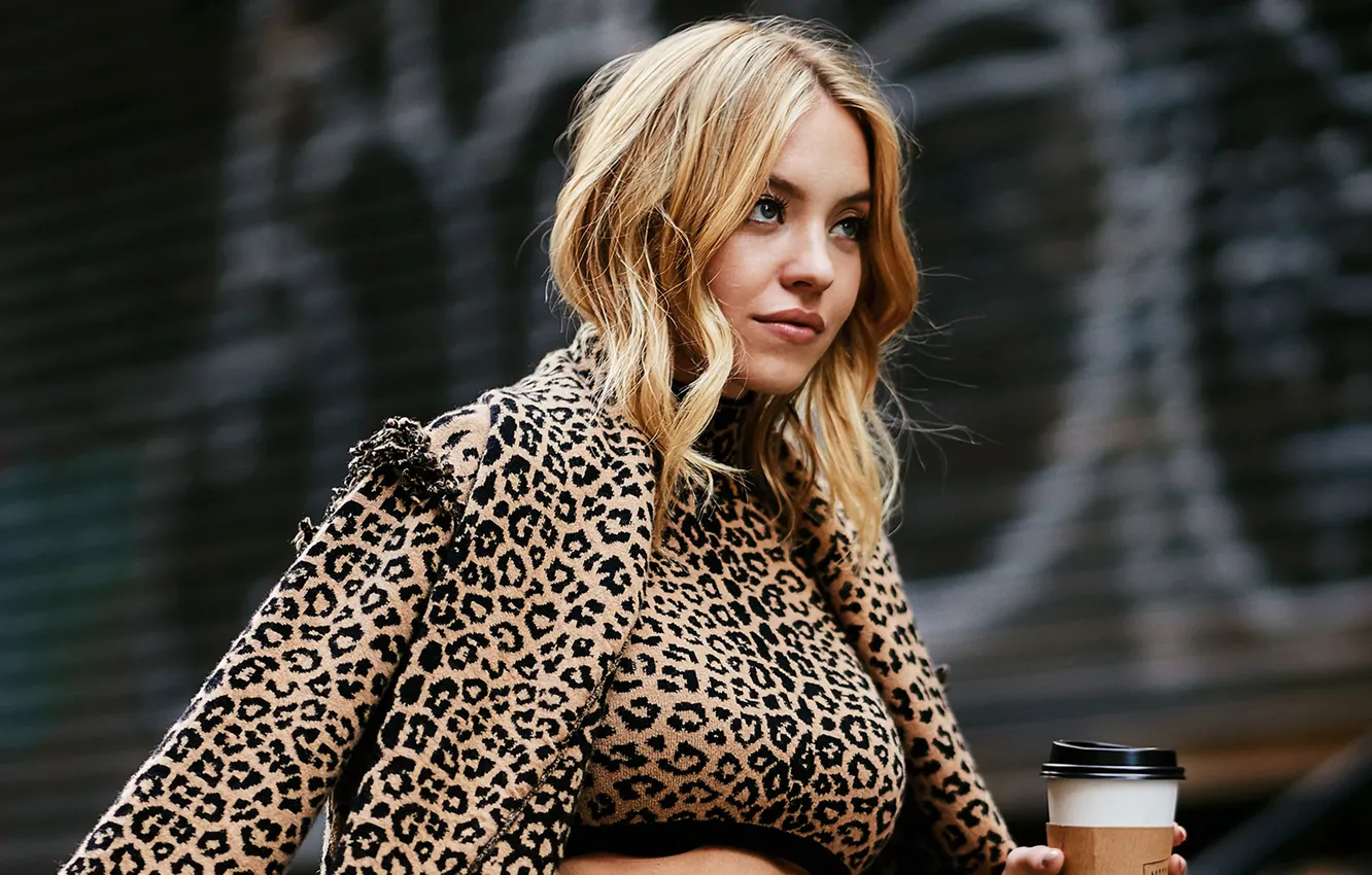Photo wallpaper look, pose, coffee, makeup, figure, actress, hairstyle, Sydney Sweeney