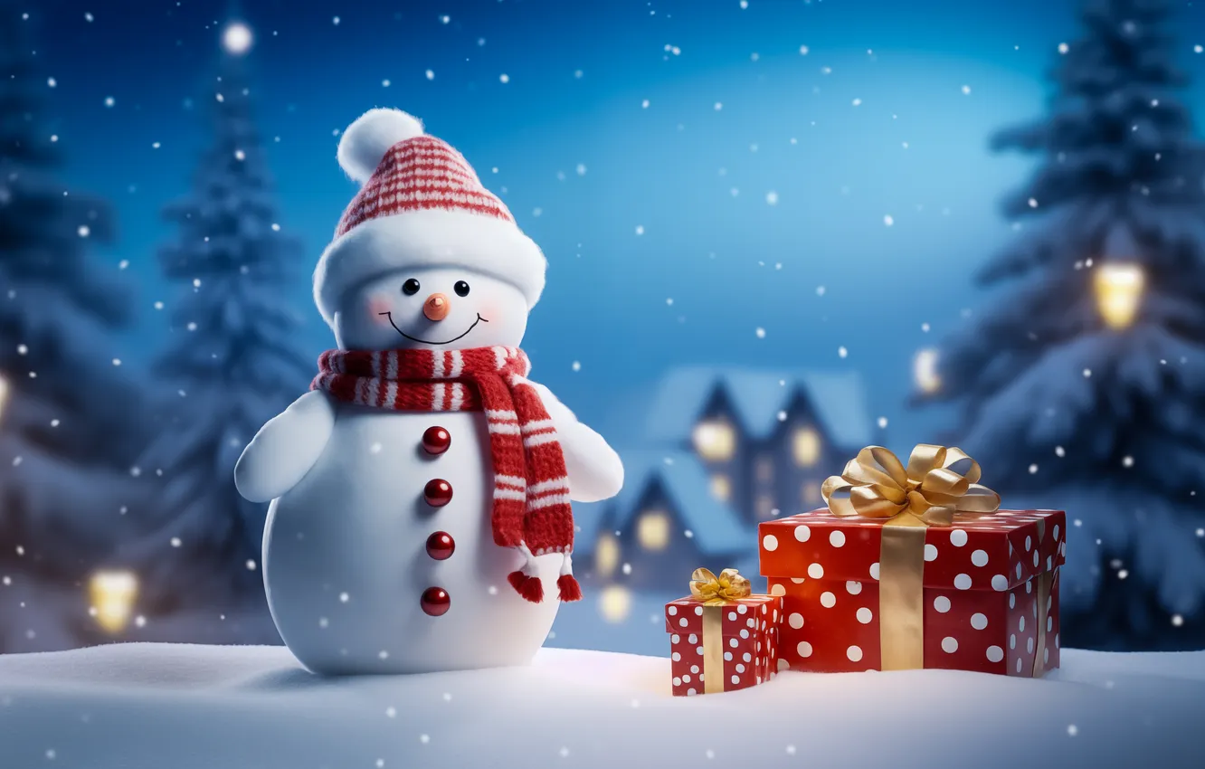 Photo wallpaper winter, snow, new year, Christmas, snowman, Christmas, winter, snow