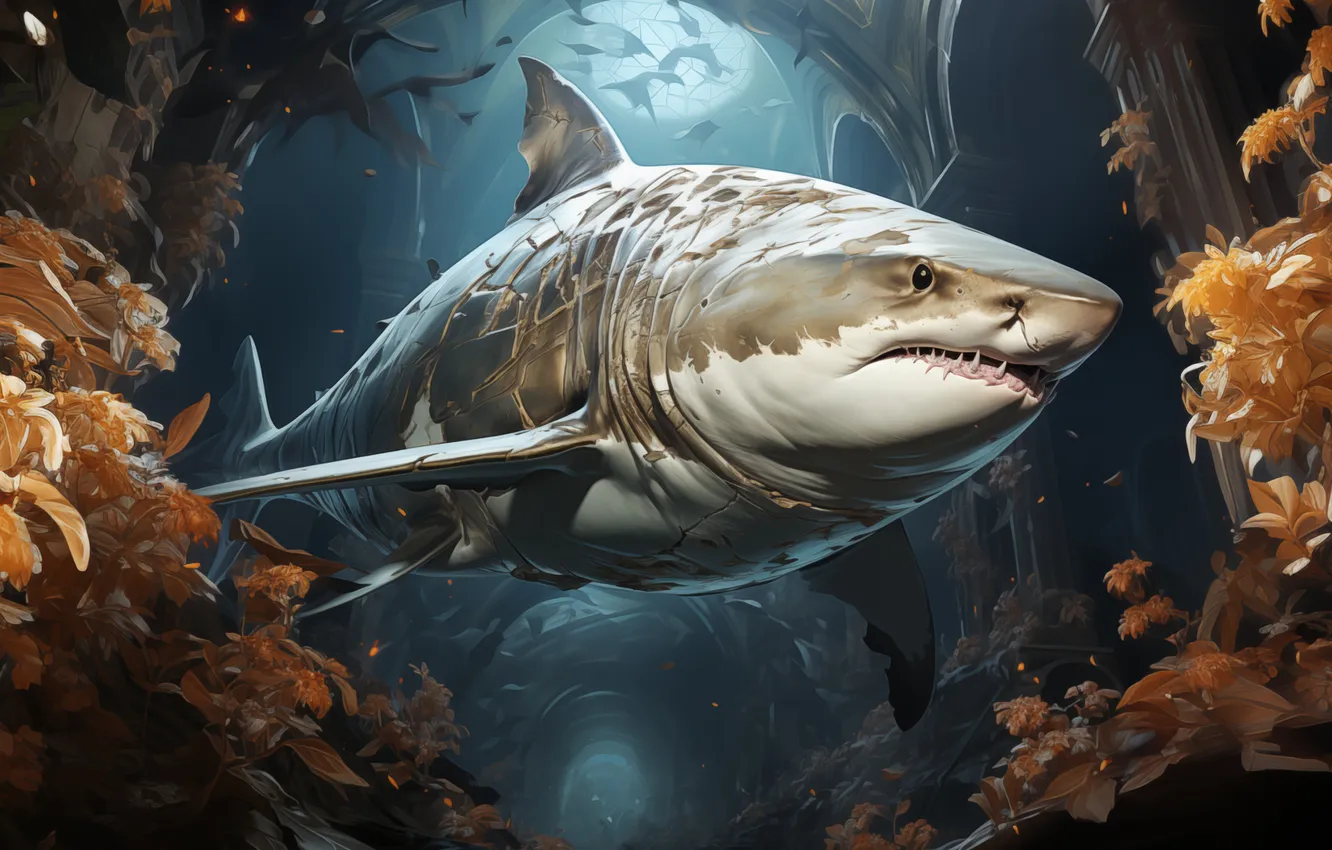 Photo wallpaper Shark, The building, Predator, Underwater world, Digital art, AI art, The Art of Artificial Intelligence, …