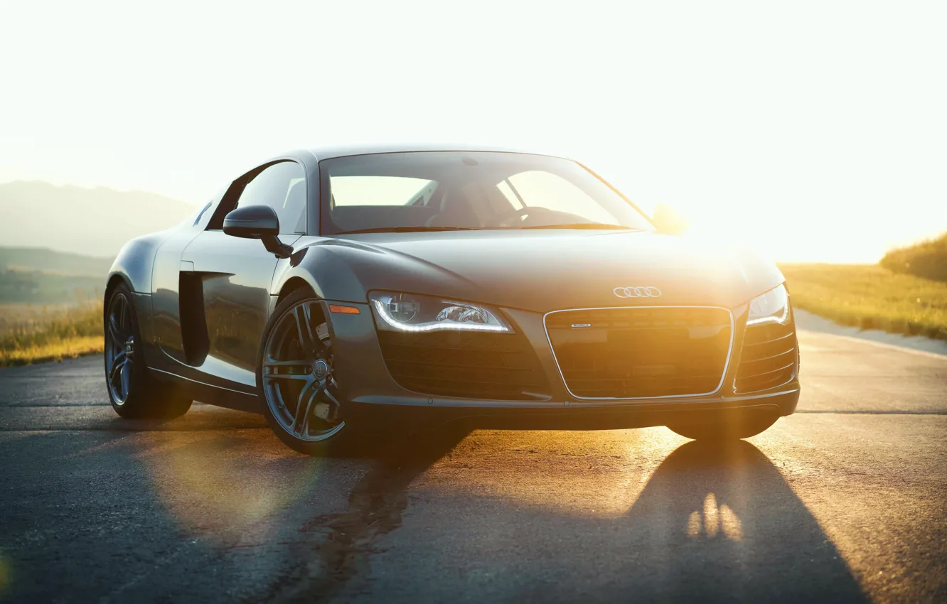 Photo wallpaper road, car, rays, light, Audi, Audi, lights, Audi R8