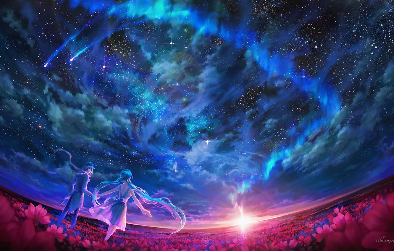 Photo wallpaper field, the sky, girl, the sun, space, stars, sunset, flowers