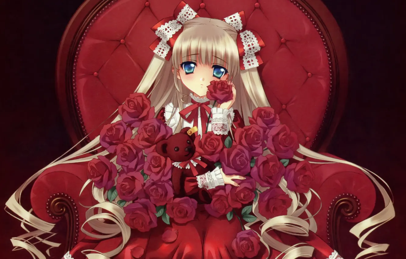 Photo wallpaper chair, girl, bear, bow, lace, red roses