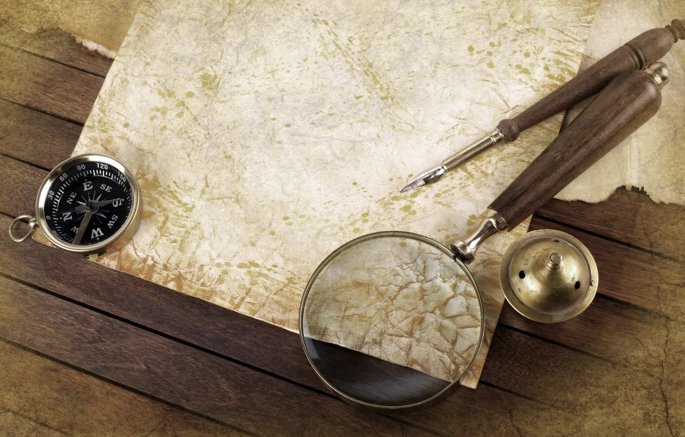 Photo wallpaper glass, paper, table, handle, old, compass, magnifying