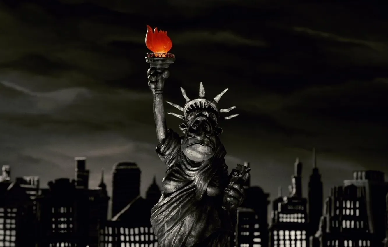Photo wallpaper cartoon, the statue of liberty, Mary and Max, plasticine