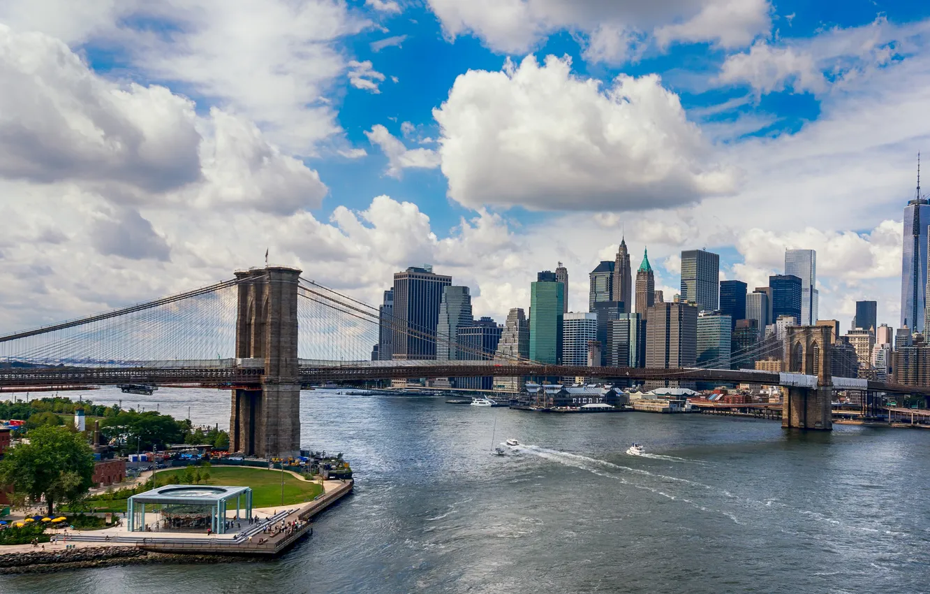 Photo wallpaper clouds, bridge, river, New York, skyscrapers, Bay, USA, Manhattan