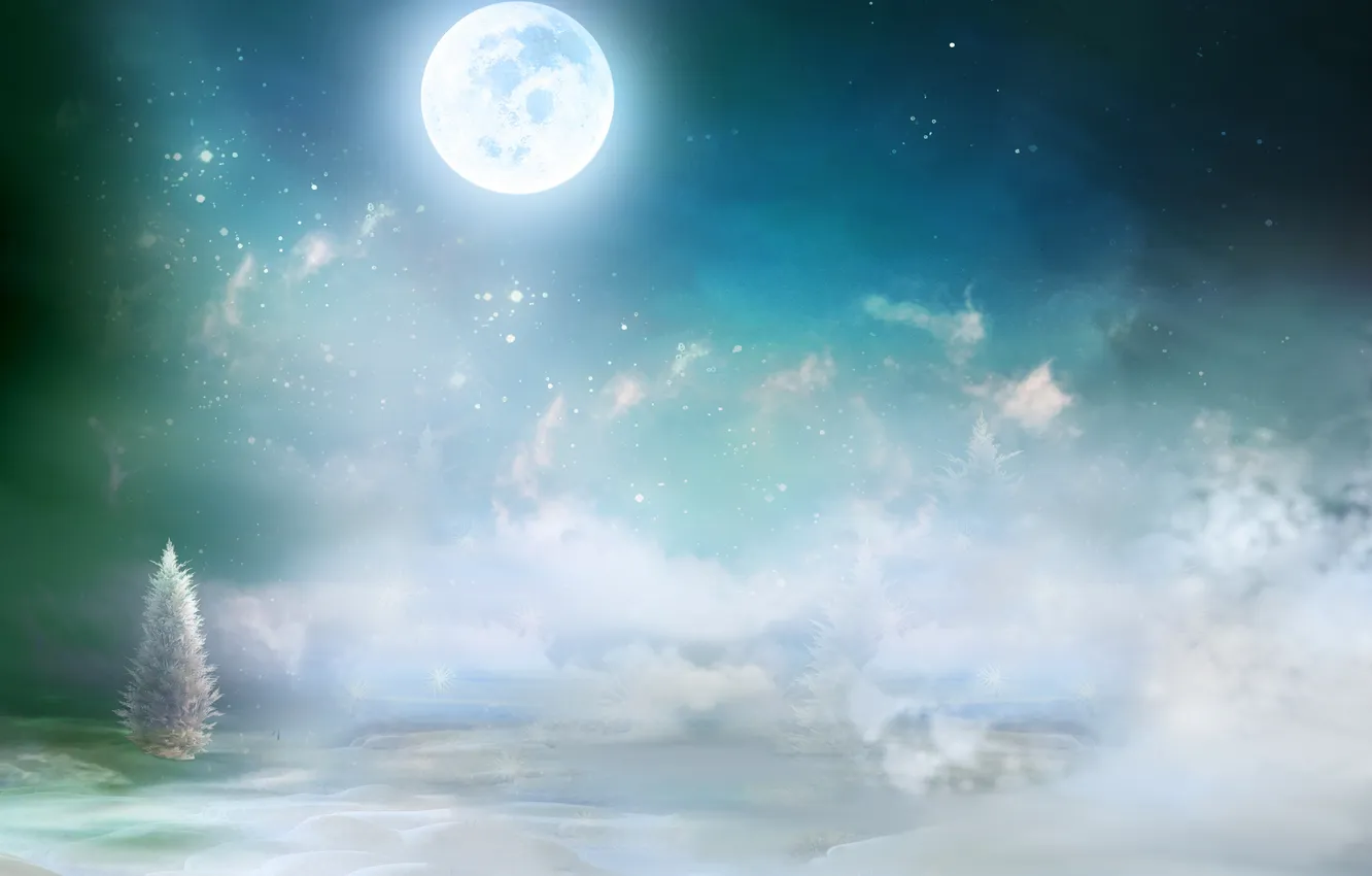 Photo wallpaper cold, winter, stars, clouds, snow, trees, tree, the snow