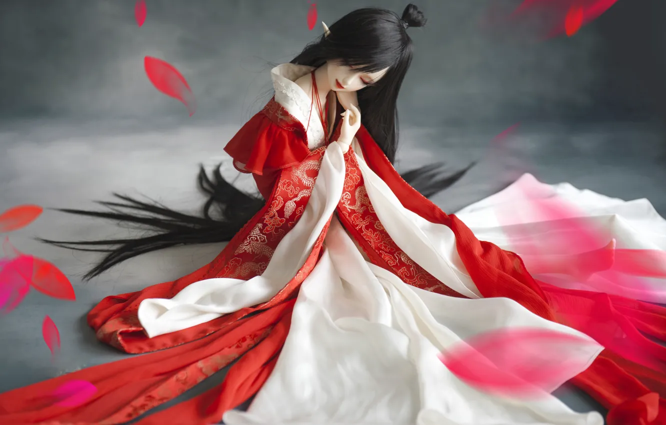 Photo wallpaper girl, doll, petals, kimono, BJD