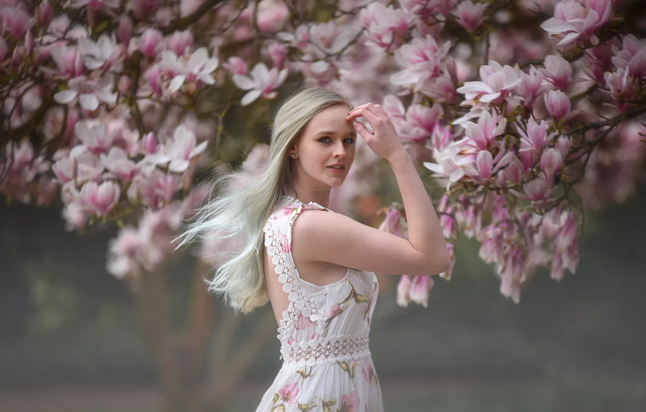 Photo wallpaper look, girl, branches, pose, mood, hand, blonde, flowering