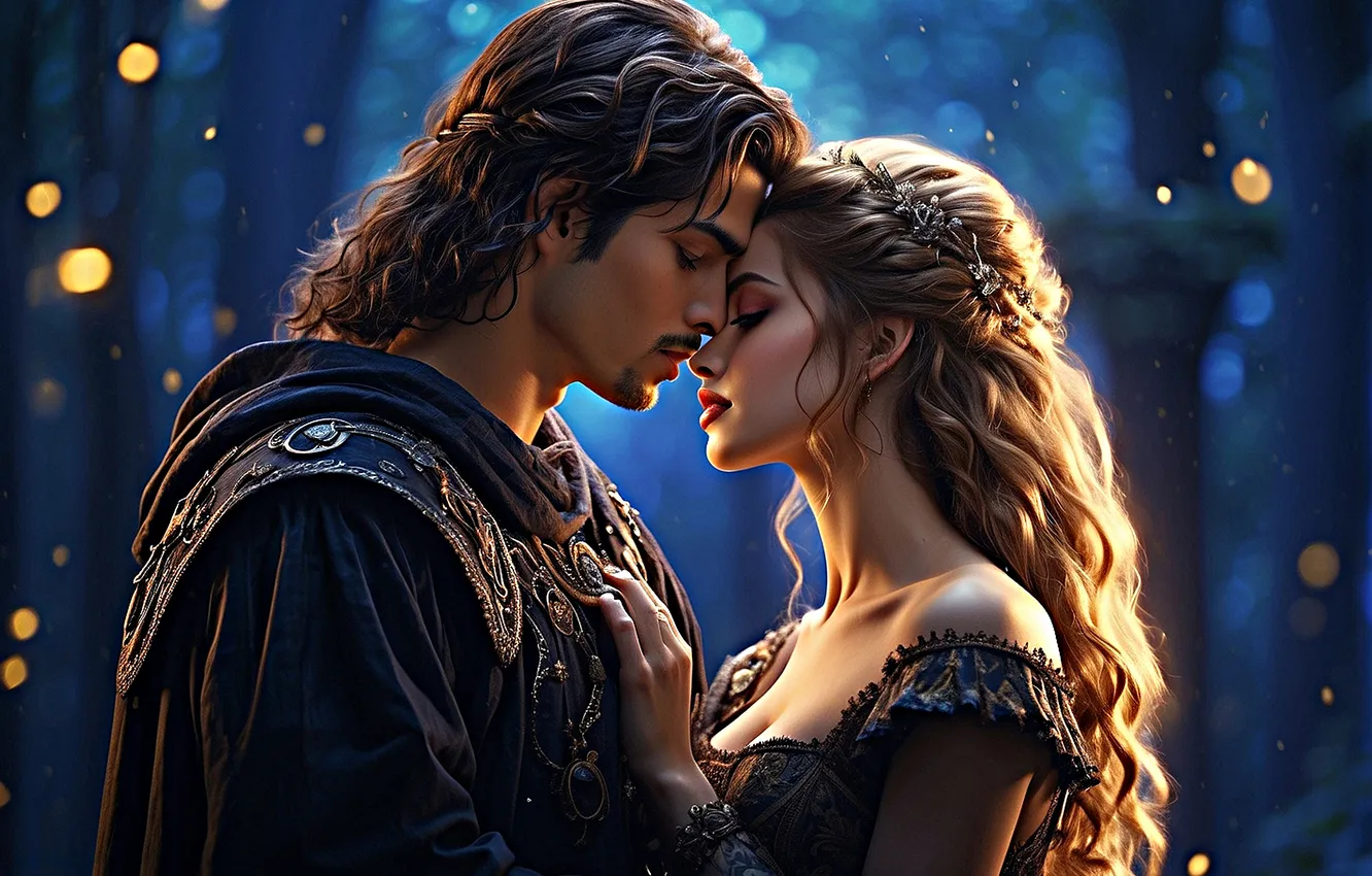 Photo wallpaper girl, light, love, night, romance, fantasy, hugs, hairstyle