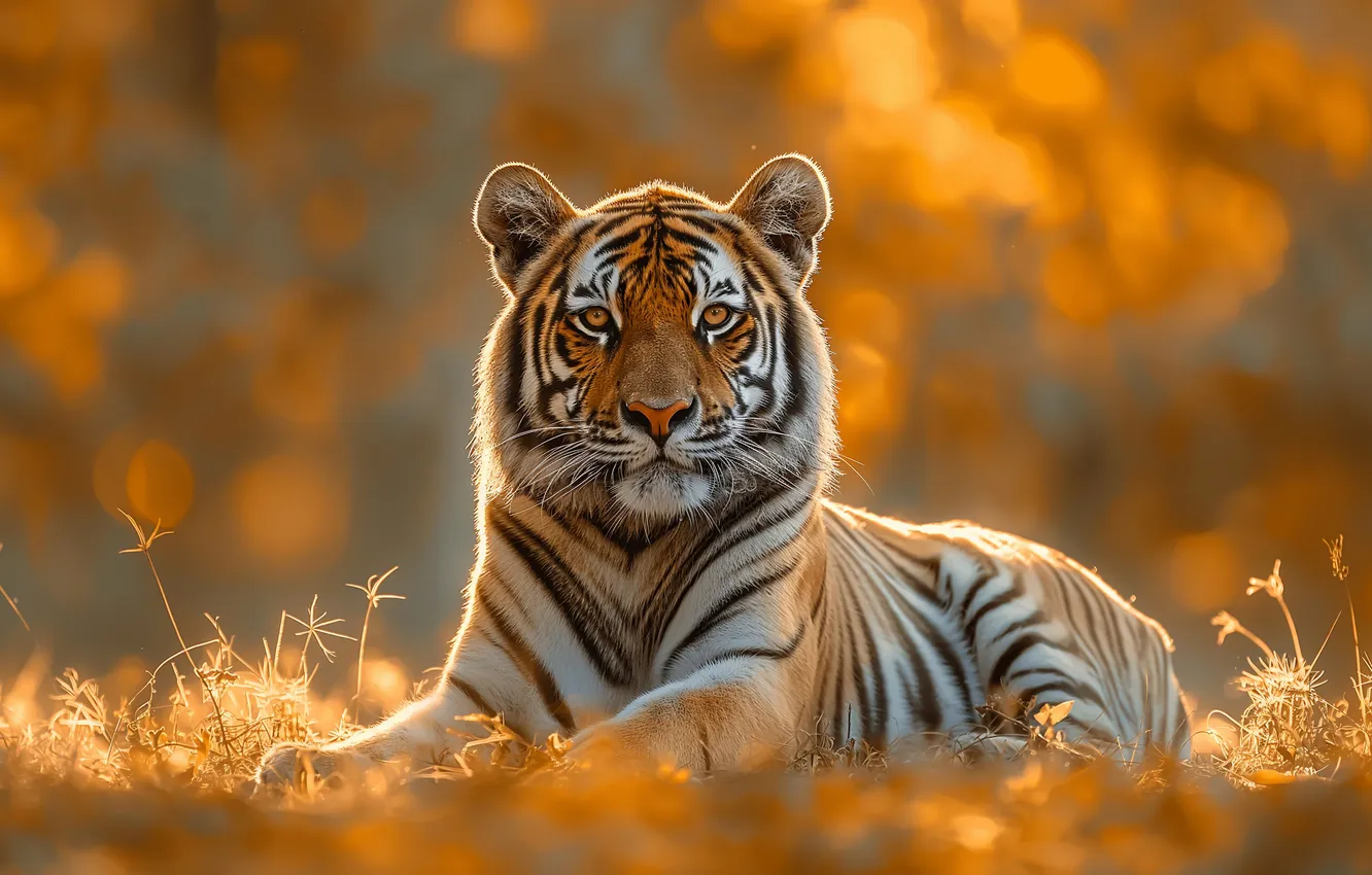Photo wallpaper autumn, look, face, light, nature, tiger, glade, lies
